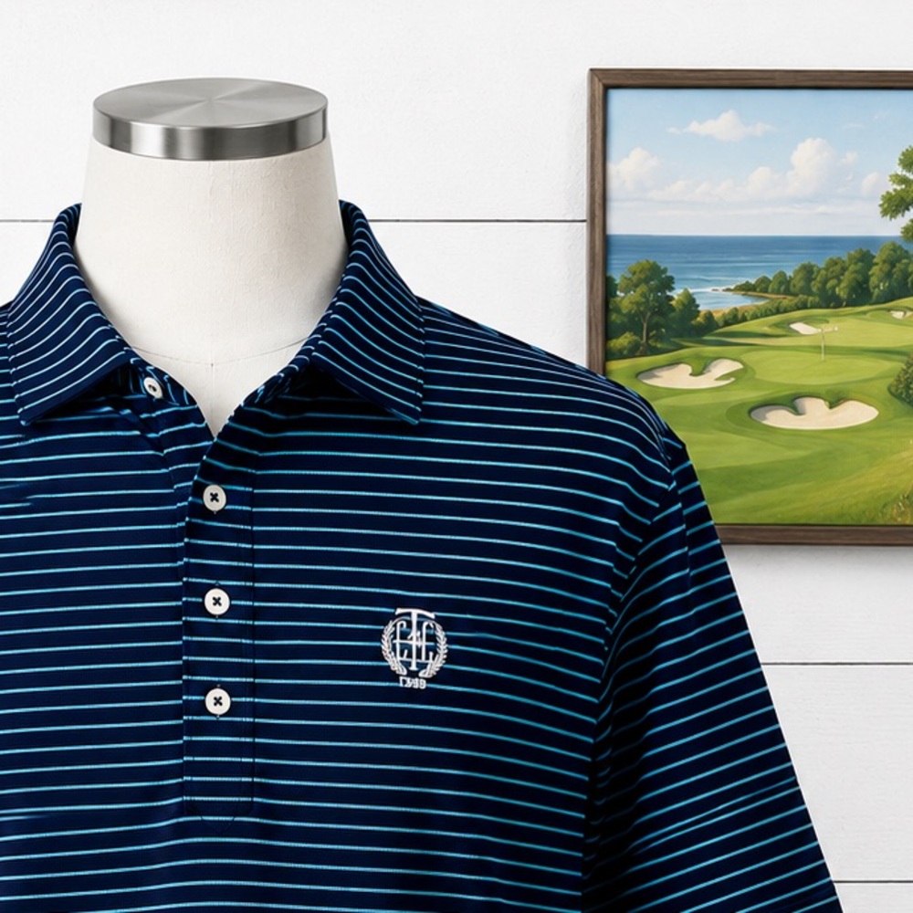 johnnie-O FUC “Knit-Style” Navy and Aqua Striped Performance Golf Polo